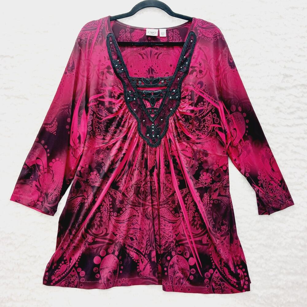 Dress Tunic Blouse Red Black Lace Rhinestones Paisley OOAK Goth Fairy Y2K Sz 22
